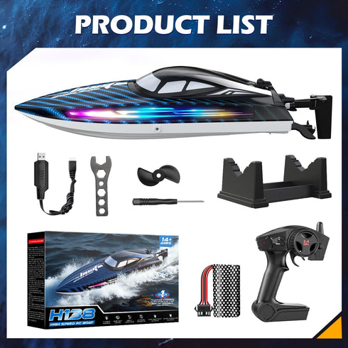 jogpun 30KMH 7 8-12 Cooling,20Mins,Low Alert,2.4Ghz,Blue RC Remote Control Boat with LED Light Modes Waterproof