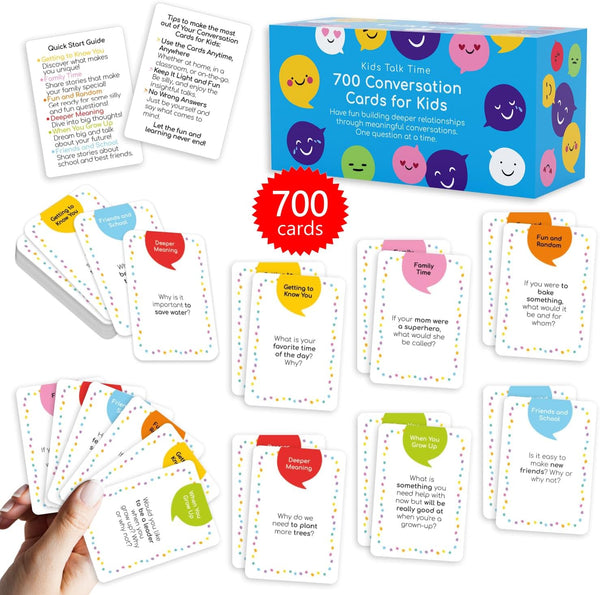 700 Kids Conversation Cards, Fun Starter Cards for Family Night, Dinner, Play Games, Color-Coded Across 6 Topics