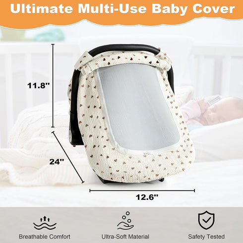 Muslin Cotton Car Seat Cover Baby, Universal Fit Carseat Cover for Baby, Infant Car Seat Cover with Mesh Peep Window