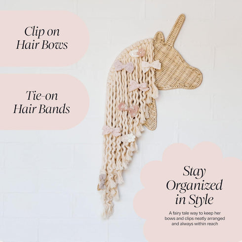 BEBE BASK Unicorn Boho Handmade Rattan Macrame Hair Bow Holder and Organizer for Girls