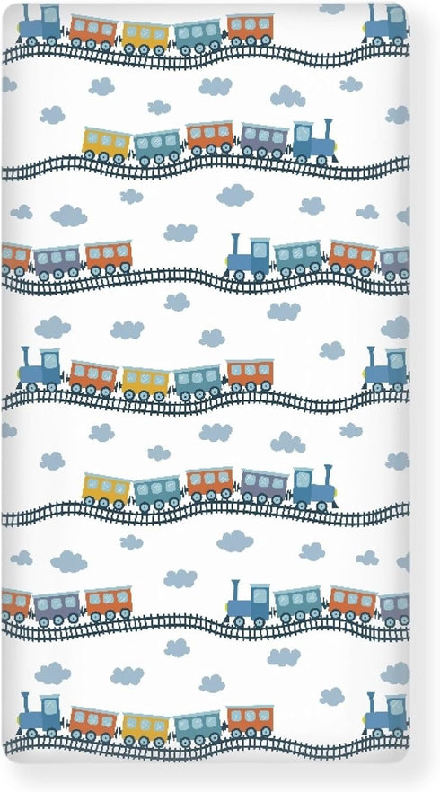 JEPFEIXIA Colorful Train Fitted Crib Sheet for Boys Girls Cartoon Trains Baby Sheet