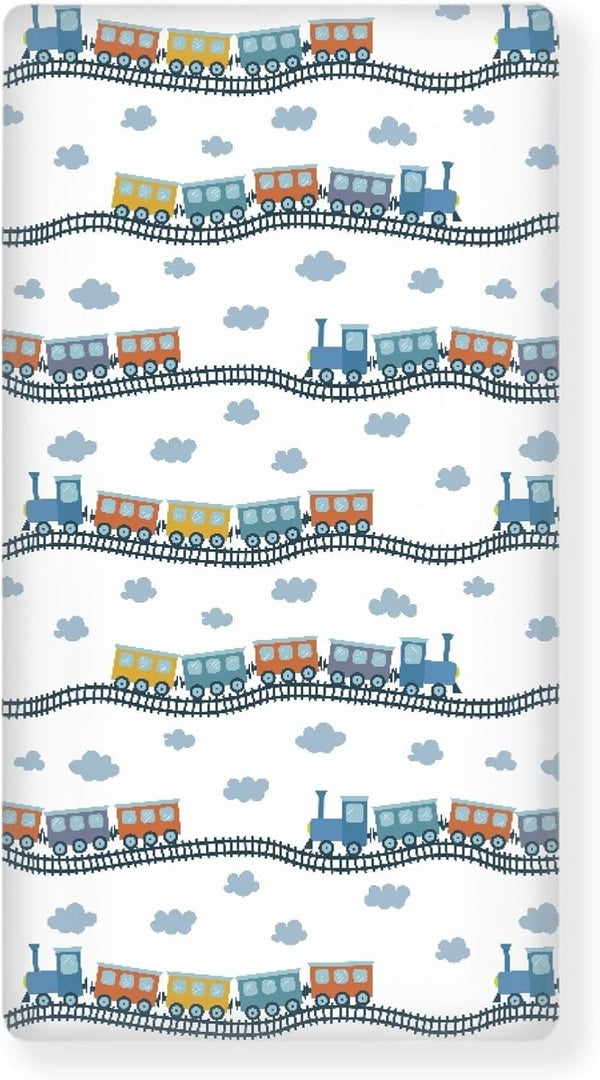 JEPFEIXIA Colorful Train Fitted Crib Sheet for Boys Girls Cartoon Trains Baby Sheet