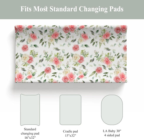 ZoUbqchY Summer 32''16'' Bloom Rose Green Leaves Changing Pad Coves for Baby Girl Boy Boho Floral Fitted Change Table