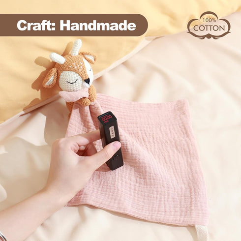 Baby Deer Security Blanket, Plush Deer & Crochet Stuffed Animal with Rattle, Essential Lovey for Newborns