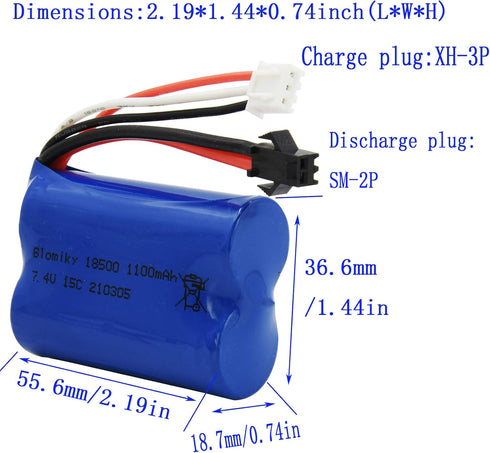 2 Pack 7.4V 1100mAh 8.51Wh SM-2P 2 H101 H103 2 Blomiky Li-ion Rechargeable Battery with Plug and Charger Cable fit