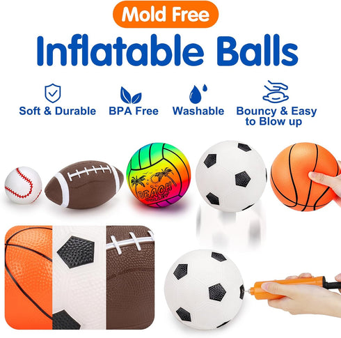 5 Pack Sports Balls Set for Kids with Bag, Includes Football, Soccer, Basketball, Baseball, Volleyball Toys