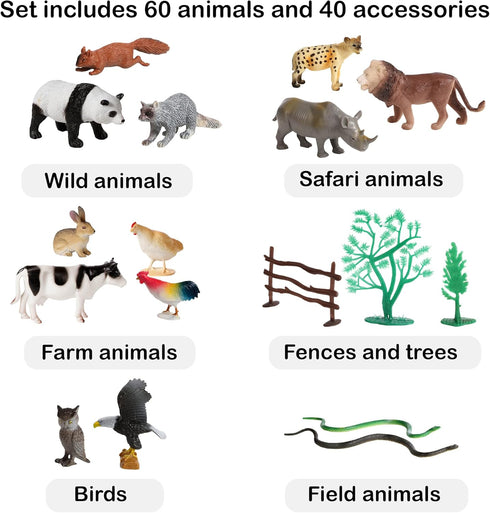 Migration 100 Piece Set of Animal Plastic Figures Playset, Includes Wild, Safari, Zoo, Jungle, Farm, Forest, Ocean