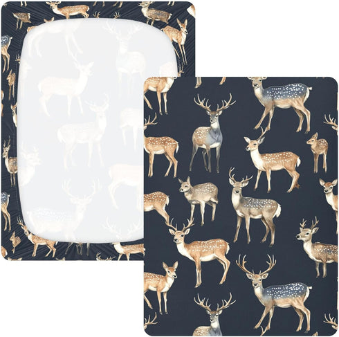 Mazeann 52" 28" 9" Vintage Deers Print Crib Sheets Soft Breathable Fitted Cotton Baby Crib Sheets Mattress Cover