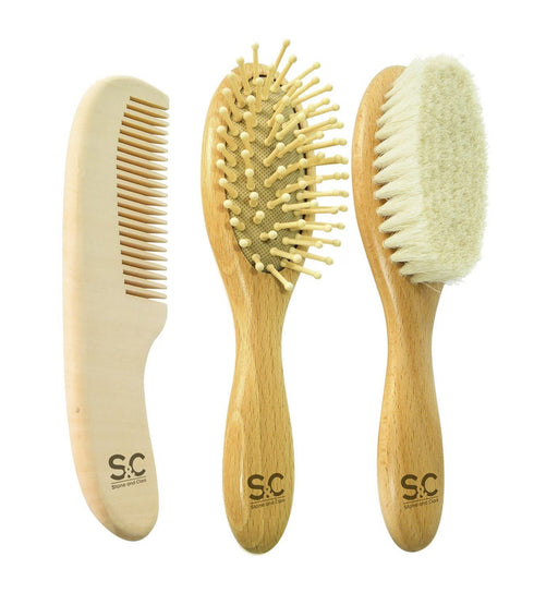 Baby Hair Brush and Comb Set for Newborn, Wooden Brush with Soft Goat Bristles, Baby Grooming Kit by Stone & Clark