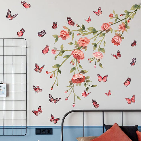 Cute Peony Flower Wall Decals, Pink Rose Floral Stickers, Removable Peel and Stick for Kids Room, Living Room Decor