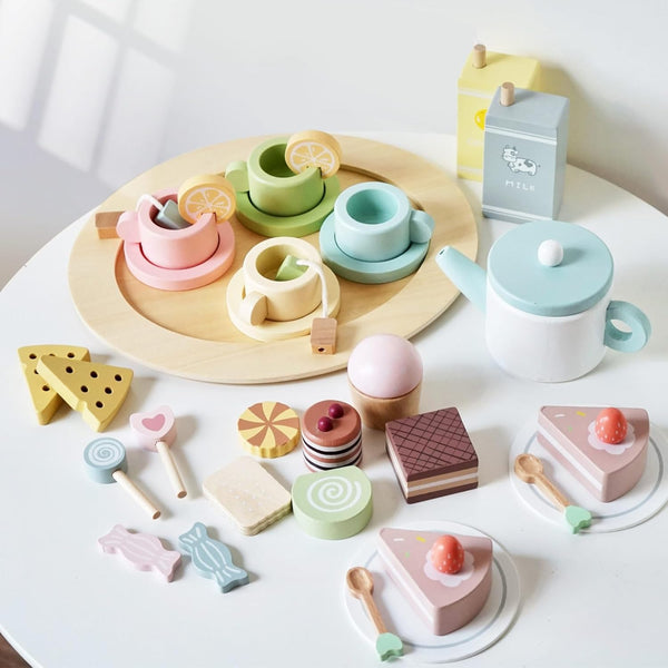 Wooden Tea Party Set for Little Girls, 34 PCS Wooden Tea Set