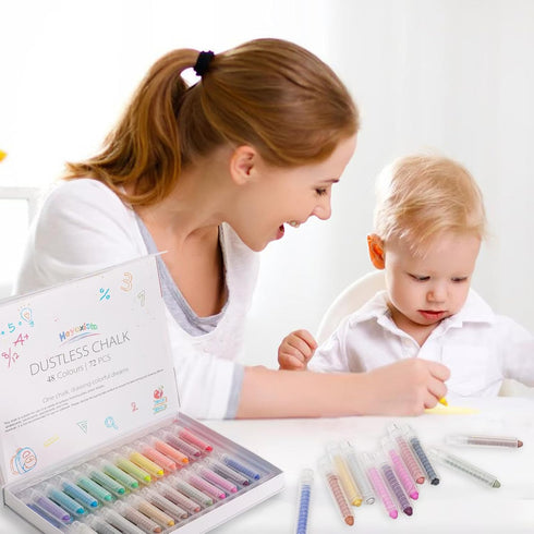 Heyoxista Set 72 24 Dustless Wet Erase Chalk for Kids - Pcs Vibrant Glass Markers with Finger Grips | Non-Toxic Drawing