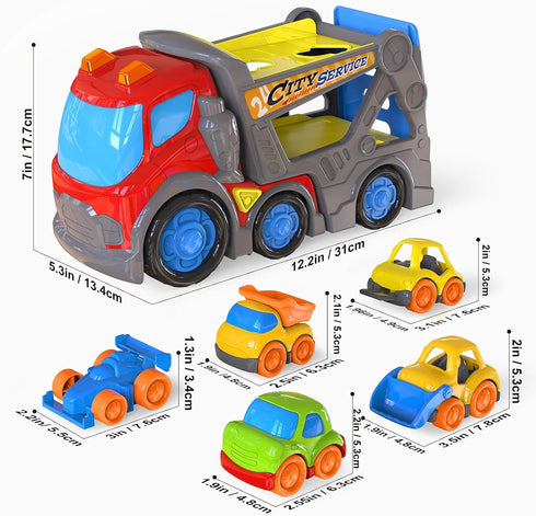 12.2" 2-4, Set 18M+ 2 3 4 5, P&C Toddler Car Transport Truck Toys for Ages Car Carrier Transporter Double-Deck Hauler