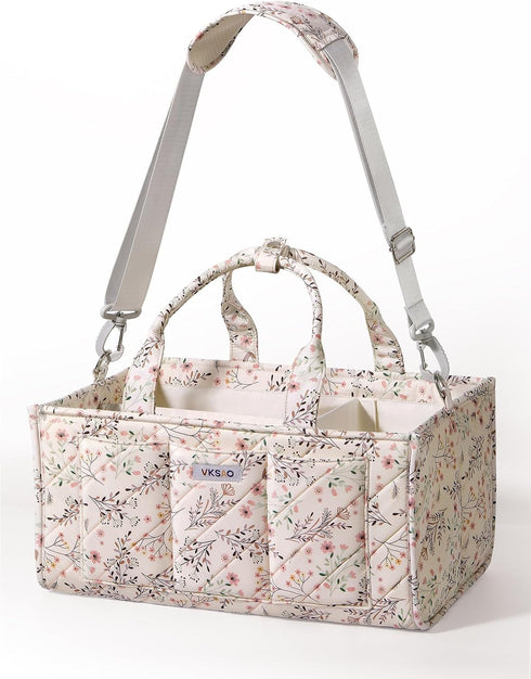 VKSAO Baby Essentials Cute Floral Diaper Caddy Organizer Portable Storage Basket with Shoulder Strap & Stroller Hooks