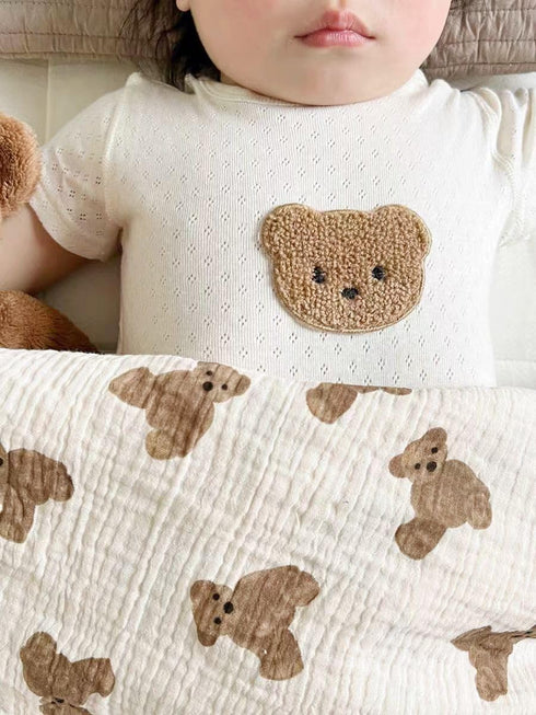 Baby Blanket Double Layer Cotton Muslin Thick Quilt, Neutral 40x40Inch Soft Throw Blanket Bear Pattern