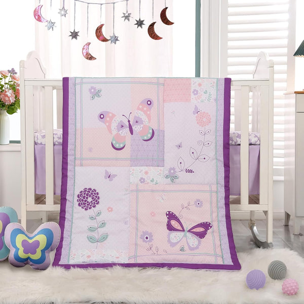 Wowelife Crib Bedding Set for Girls, 3 Pieces Floral Butterfly Baby Girl