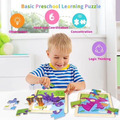 2-4, 9 3-5, Wooden Puzzles for Toddlers Pieces Dinosaur Jigsaw Puzzles for Kids Ages Preschool Learning Activities