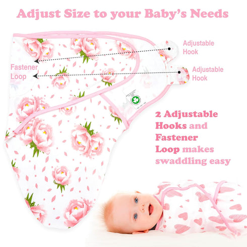 Baby Swaddle Blanket Wrap, Organic Cotton 3-Pack, Newborn Swaddles 0-3 Months, Hearts-Flowers Design