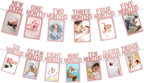 Newmemo 1st Birthday Photo Banner, Baby to 12 Months Rose Gold Milestone Safari Jungle Decor