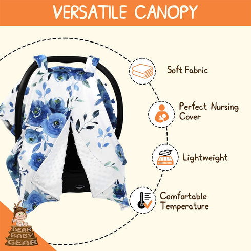 Dear Baby Gear Floral Baby Car Seat Canopy with Snap Button Opening, Newborn & Toddler Cover, Blue Watercolor Roses