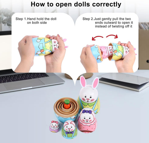 Yoption 5Pcs Russian Matryoshka Dolls, Handmade Wooden Rabbit Bunny Nesting Dolls Set for Kids Christmas Gift