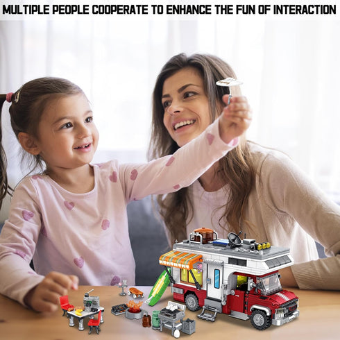 CSNRHG 924 Set Camping Van Construction Toy Pieces Building Block with Picnic Table Grill & Fire Scene Gift for Kids