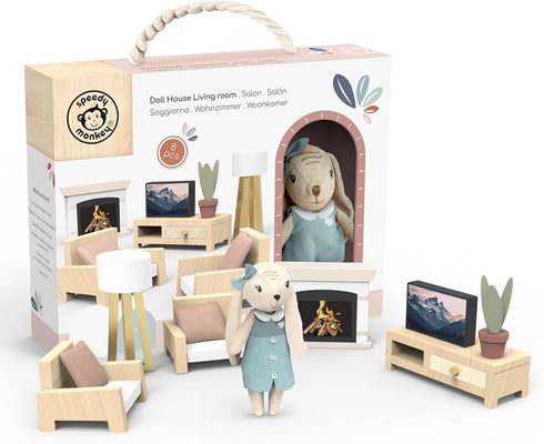 SPEEDY MONKEY Cozy Dollhouse Living Room Playset with Bunny Miniature FSC Wooden