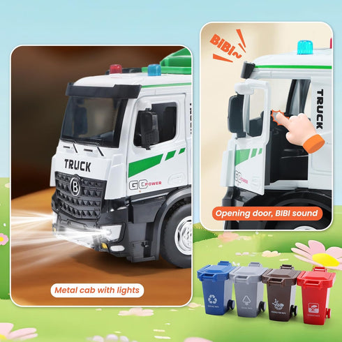 12'' Set 4 HOLYFUN Electric Garbage Truck with Front Loader/Metal Cab, Friction-Powered Recycling Vehicle