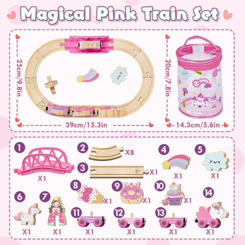 Set Set 2-4, 3 Lehoo Castle Wooden Train for Girls, Unicorn Train for Toddlers Wooden Train Track with Storage Bag