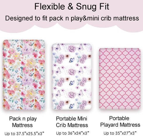 AMROSE 3 Pack Pack Set Soft Mini Crib Sheets, Microfiber N Play Sheets for Baby Girls, Silk Touch Gentle, Fitted