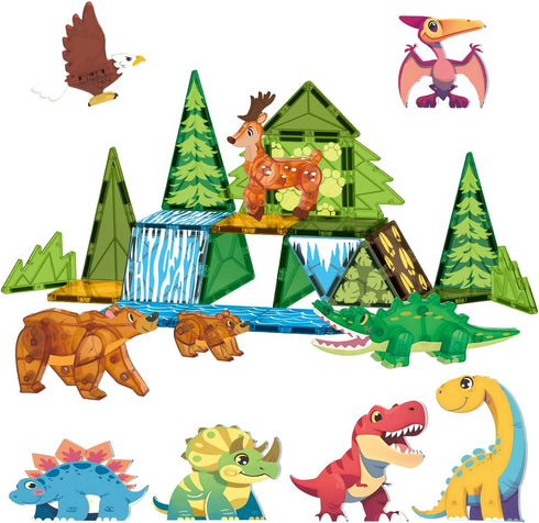 Magnetic Tiles Animals & Dinosaurs Toys, STEM Educational Building Blocks, Sensory Set