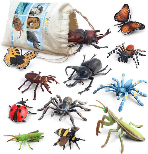 Volnau 12PCS Bug Toys Figurines Insect Animal Figures for Kids Toddlers Educational Decorations Bee Beetle Mantis