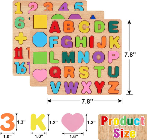 Wooden Puzzles for Toddlers 1-5 Years Old, Alphabet, Number, and Shape Educational Learning Toys Set