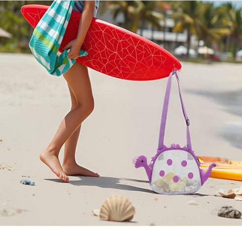 AUONY Swimming Beach Toy Mesh Beach Bag Kids Shell Bag Dinosaur Beach Sand Toy Totes for Holding Shells Beach Toys Sand