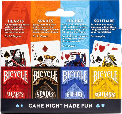 Bicycle 4 Playing Card Games in 1: Euchre, Hearts, Spades, and Solitaire Card Game Pack