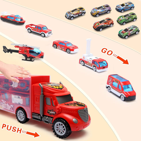 JODUDLR 3-4 Set 12-in-1 3-7,Red Toddler Toys for Year Old Boys,Large Transport Cars Carrier Truck Toys with Vehicles