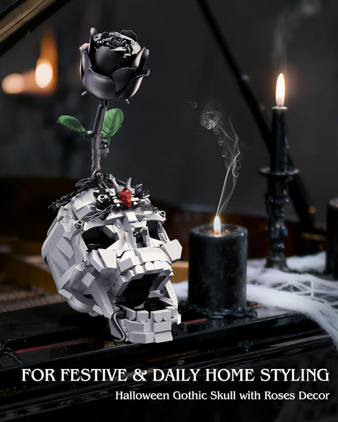 ONIMISC Set, 3 1 Skull Black Rose Flower Building in Gothic Horror Decor Botanical Artificial Flowers Collection Toys