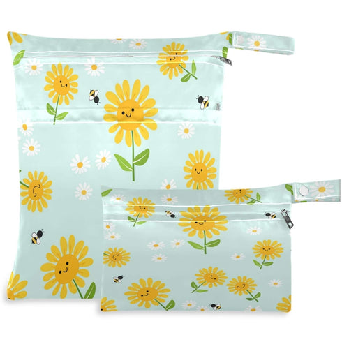 visesunny Sunflower Bee Daisy Green Leaf 2Pcs Wet Bag with Zippered Pockets Washable