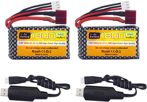 2PCS 7.4V 35C 1800mAh Lithium Battery with USB Charging Cable for WLTYOS K929-B A959-B 12401 12402 12403 12404