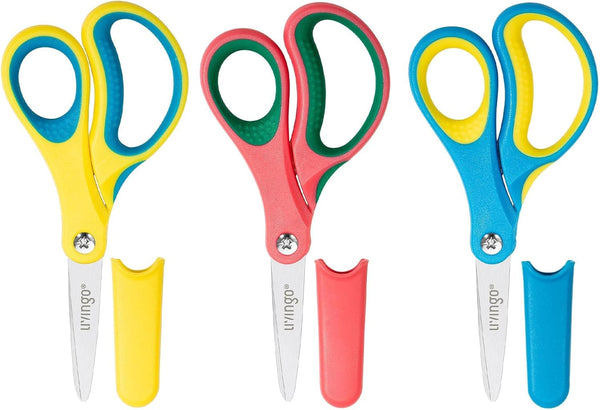 LIVINGO 5" Kids School Scissors: Small Safety Scissors, Soft Handle for Right Left Handed Use, 3 Pack