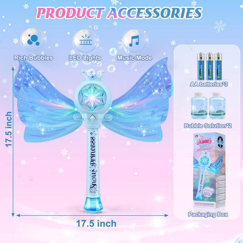 LED Light & Music Bubble Machine - Bubble Wands for Kids Girls | 3 AA Batteries & 2 Bubble Solutions | Outdoor Party