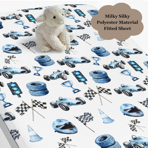 Wicbfdfv 28x52 Inch Cute Race Car Flag Baby Crib Sheets for Boy Girl Breathable Blue Races Vehicle Trophy Traffic Light
