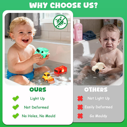 JoiTale 6 Pack 1 2 3 Baby Bath Toys, Light Up Cars Bath Toys, No Hole No Mould Bathtub Toy for Year Olds, Flashing LED