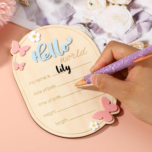Penitue Wooden Baby Announcement Sign, Cute Hello World Newborn Signs Welcome Baby Arrival Plaque Decor for Hospital