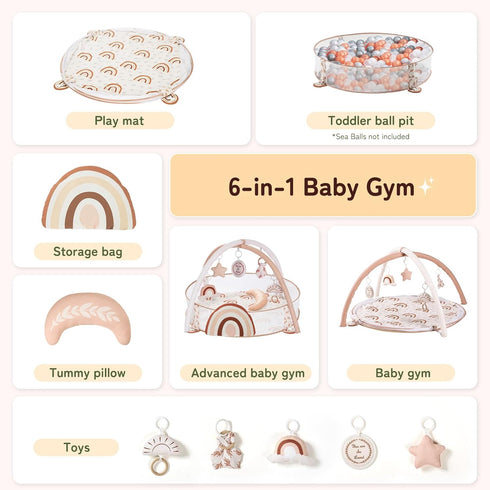 6-in-1 Mallify XL Large Baby Gym & Ball Pit, Play Mat & Play Gym, Combination Baby Activity Gym with Milestone Cards
