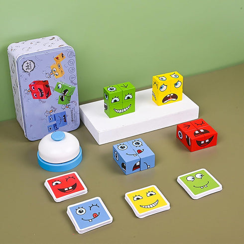 Large Wooden Face Expression Puzzle, Building Cubes for Logical Thinking, Face Changing Magic Cube Puzzles with Bell