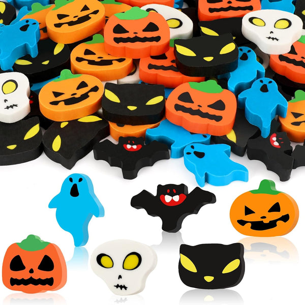 JUNEBRUSHS 65 Pcs Halloween Mini Erasers for Kids, Cute Bulk Erasers for Halloween Party Favors, Fun Ghost Bat Pumpkin