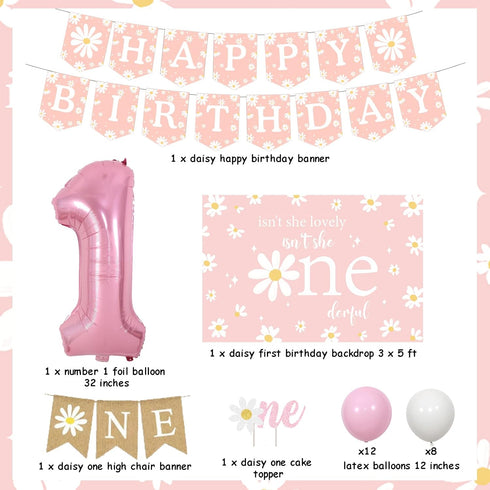 1st 1 Daisy Birthday Decorations for Girl, Pink and White Balloons Number Foil Balloon, Isn't She Lovely Isn't She
