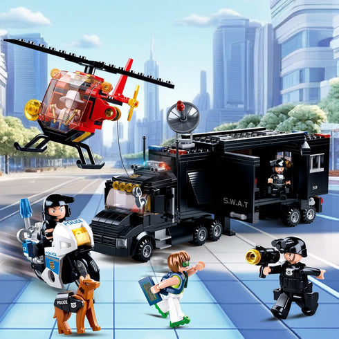 Set, Command 6+, 540 City Police Chase Building SWAT Mobile Police Truck Building Toy with Helicopter & Police