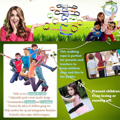 Toddler Walking Rope with Waist Belts, 12 Colorful Handles, Outdoor Safety Daycare Rope for Preschool Nursery